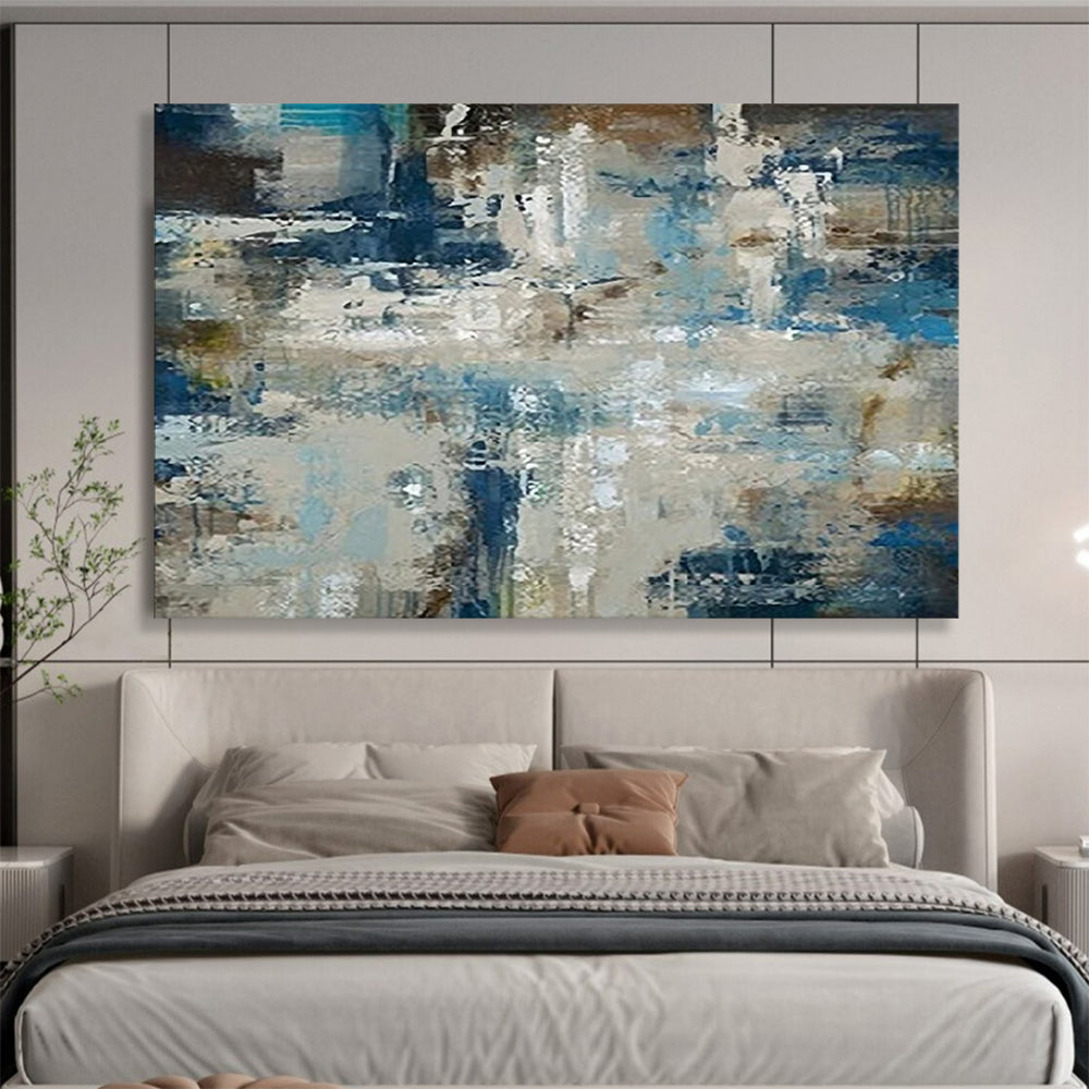 “Blue, Gray, Abstract Scene ‘Urban Coastal Fusion’” - Abstract Cityscape Painting On Canvas DLZ036
