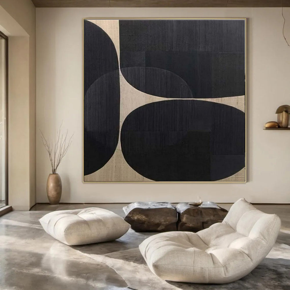 Black Circles on Beige - "Geometric Rhythm" - Abstract Minimalist Painting CT1474