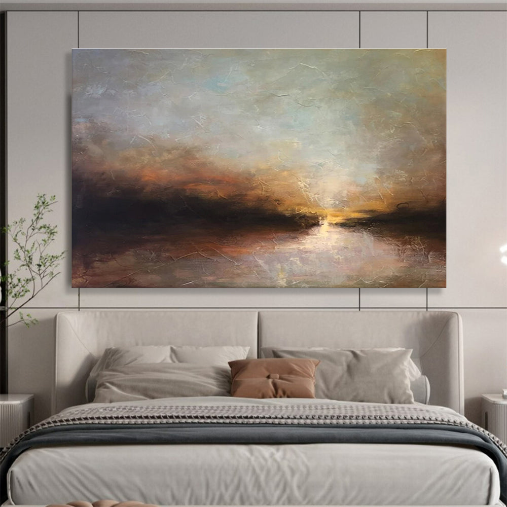 “Crackled Texture Sunset River” - Textured Landscape Painting On Canvas DKH774
