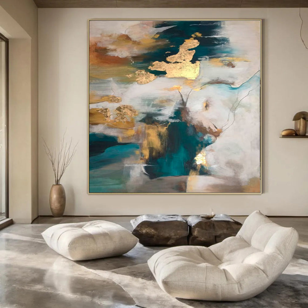 “Teal - Gold - White Abstract Clouds” – Abstract Cloud - like Art CT1002