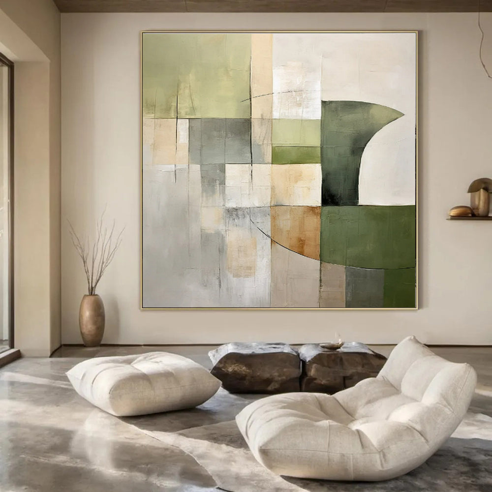 Earthy Greens, Browns & Greys, Geometric Collage - "Nature’s Grid" - Abstract Mixed - media Painting CT1440