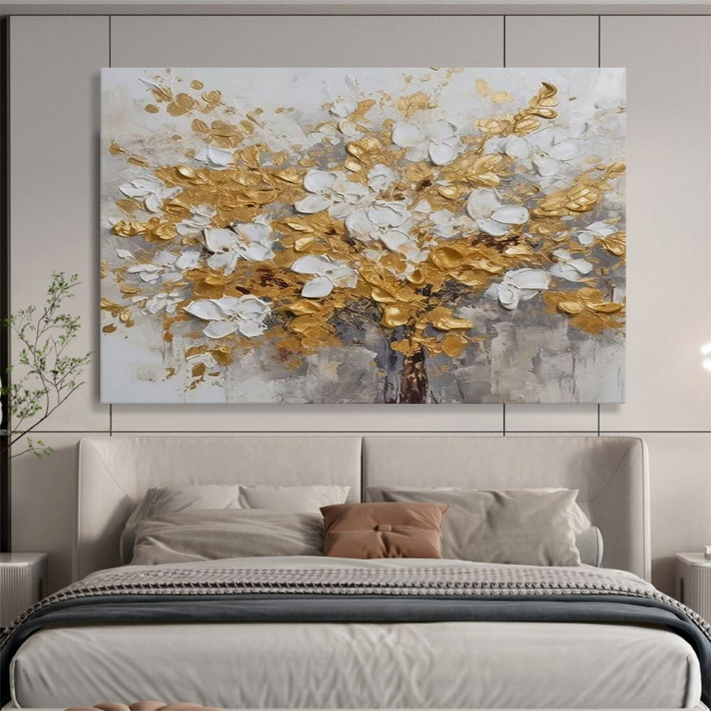 Gold and White Flower Tree - Impasto Floral Painting On Canvas DLZ246