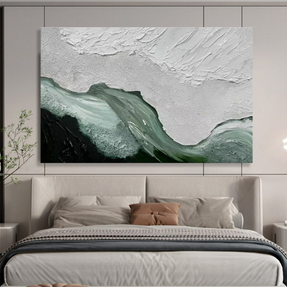 “Textured White & Teal Waves” - White, Teal, Green Impasto Abstract Painting On Canvas DKH744