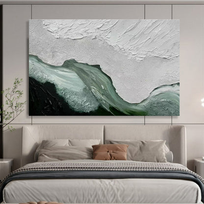 “Textured White & Teal Waves” - White, Teal, Green Impasto Abstract Painting On Canvas DKH744
