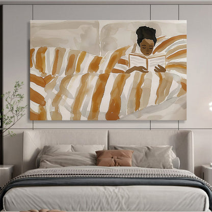 Woman Reading in Striped Bed Cozy Scene Painting On Canvas DKH230