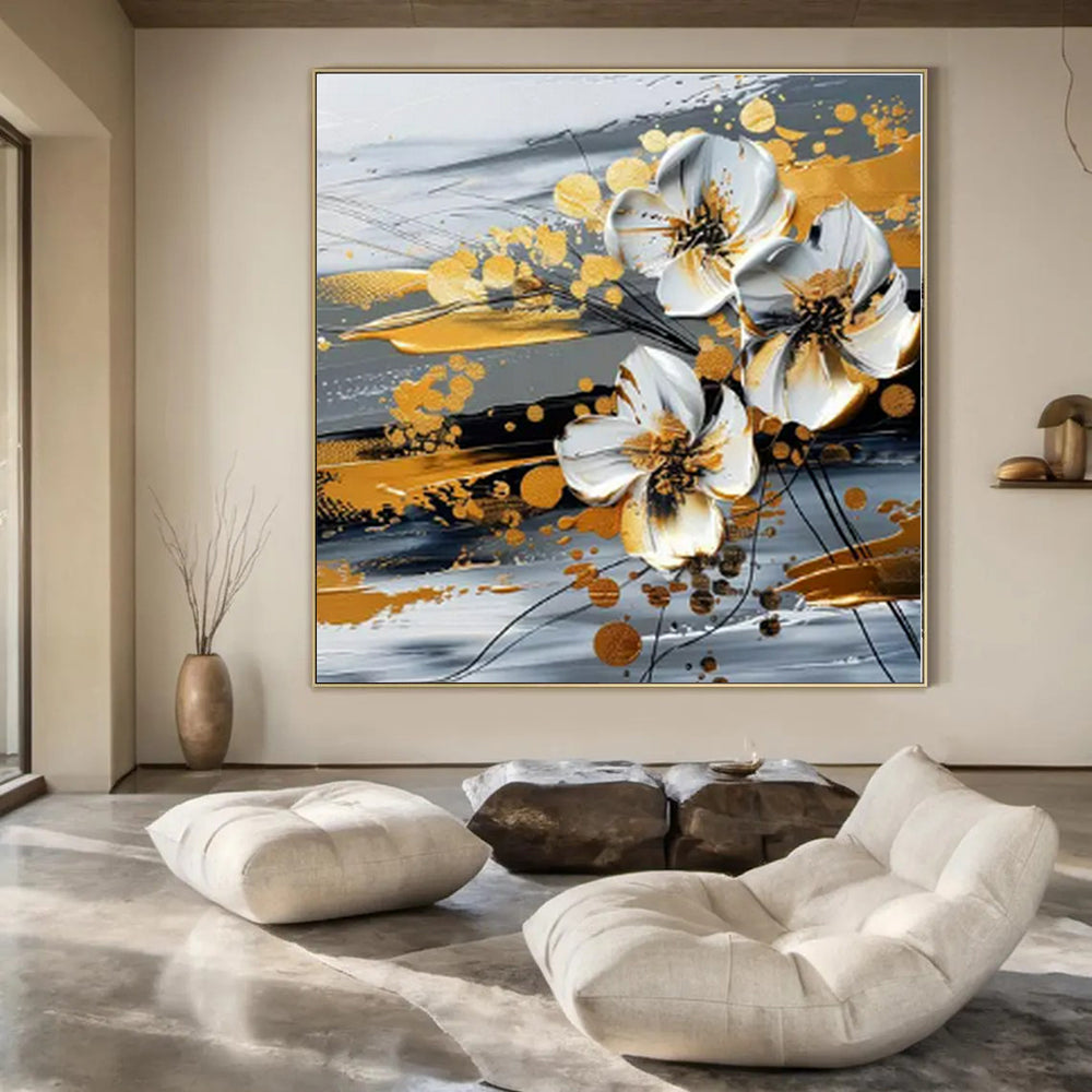 Gold - Accented White Flowers - Abstract Floral Mixed - Media CT1254