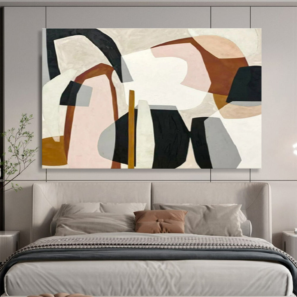 Soft - Toned Abstract Shapes with Beige, Pink, and Black, Minimalist Geometric Painting On Canvas DKH581