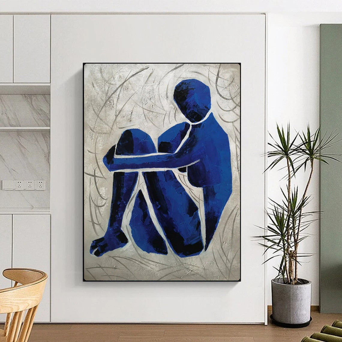 “Blue Contemplative Figure” – Expressionistic Oil Painting On Canvas CT2166
