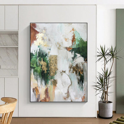 “Multicolor Abstract with Gold” - Green, Gold, Brown & White Eclectic Painting On Canvas DKH1011