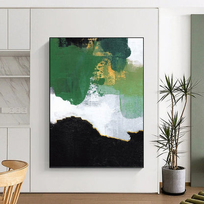 “Green, Gold & Black Abstract Layers” - Green, Gold, Black & White Abstract Painting On Canvas DKH1222