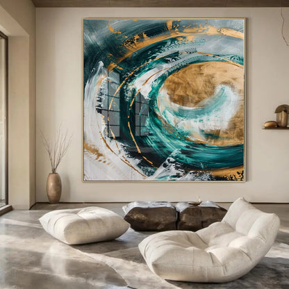 Teal & Gold Swirl: Reflective Abstraction - Abstract Metallic Acrylic CT1250