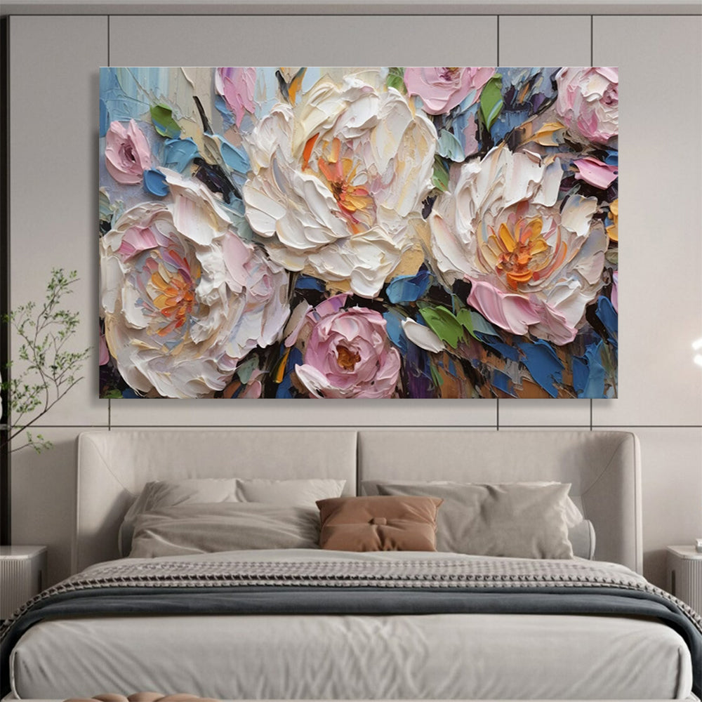 Textured Peony Blooms - Pink, White & Blue Floral Painting On Canvas DKH891