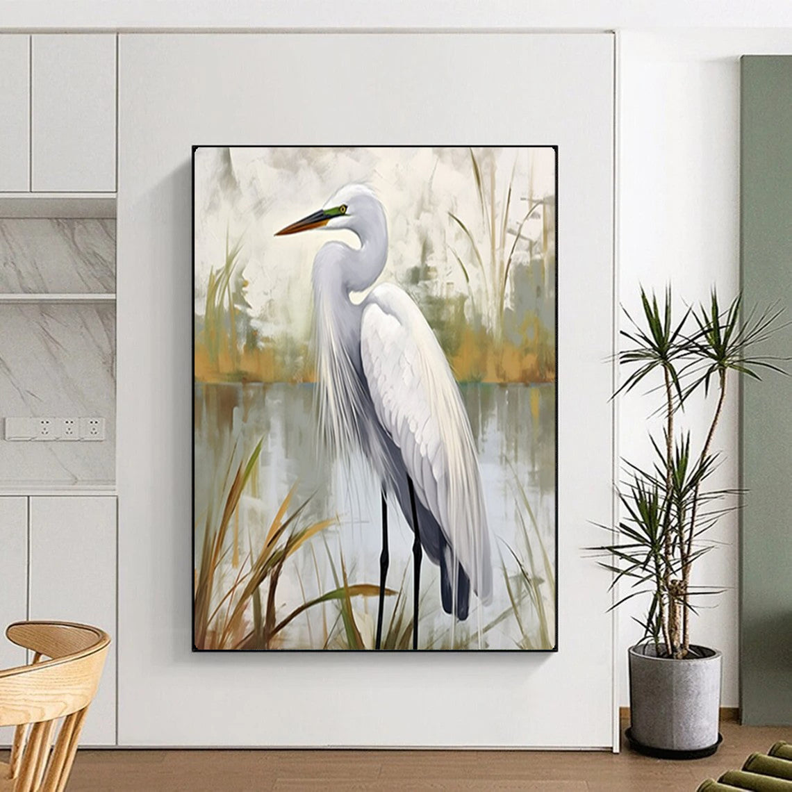 “Serene White Egret in Wetlands” – Realistic Bird Oil Painting On Canvas CT2127