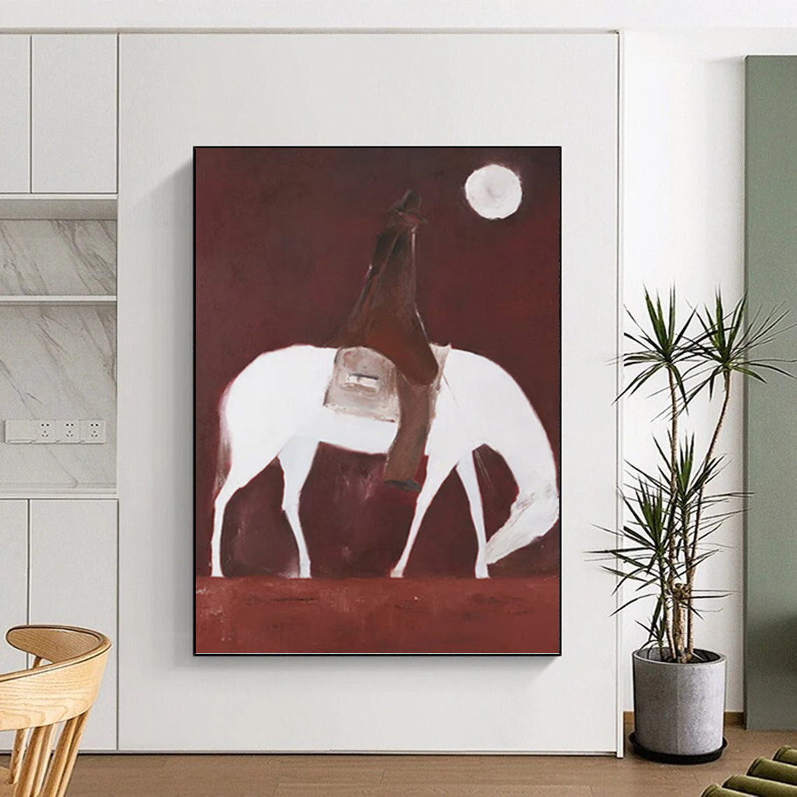 Rider on White Horse Under Red Sky and Moon - Equine Painting On Canvas DKH1425