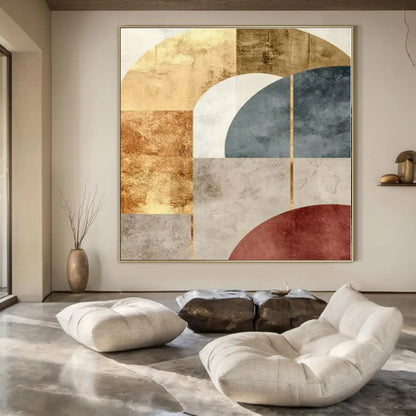 Geometric Arches: Gold, Blue & Rust - Abstract Minimalist Print CT1246