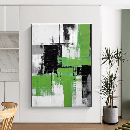 Black, White & Green Abstract - Color - Block Abstract Painting On Canvas CT2267