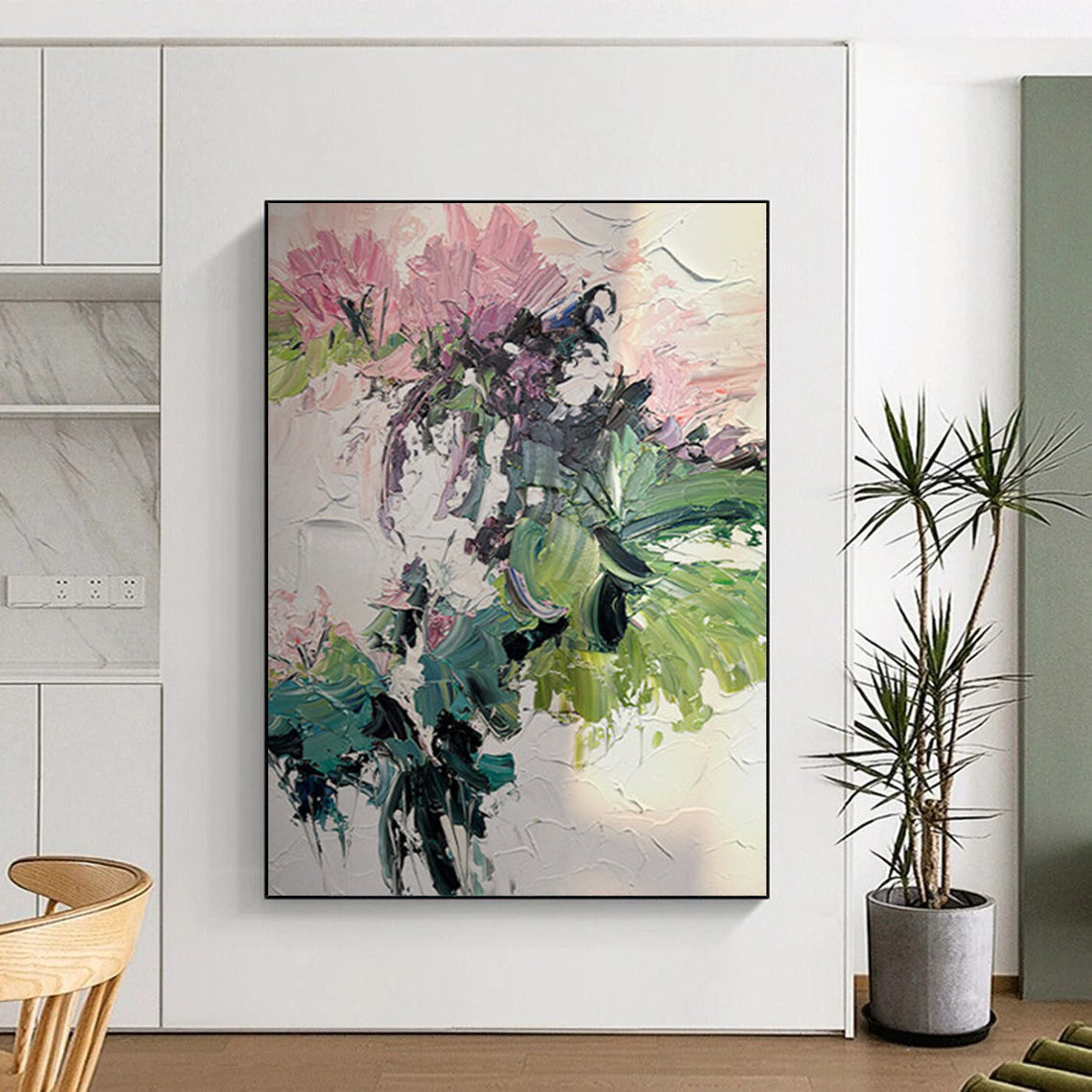 “Pink - Green Floral Impasto” - Pink, Green Flower Bouquet Painting On Canvas DTP271