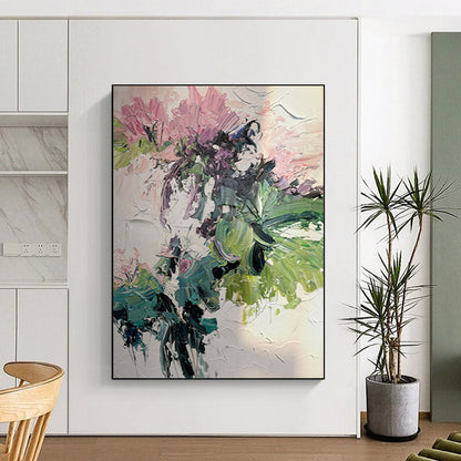 “Pink - Green Floral Impasto” - Pink, Green Flower Bouquet Painting On Canvas DTP271