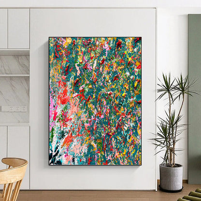 “Color Explosion on Teal” - Abstract Expressionist - Style Painting On Canvas DKH1682