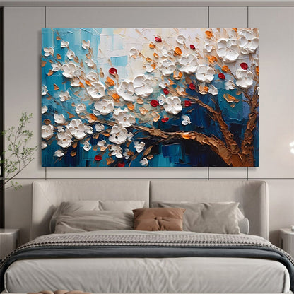 Textured White Flower Tree - White, Orange, Red & Blue Floral Painting On Canvas DKH888