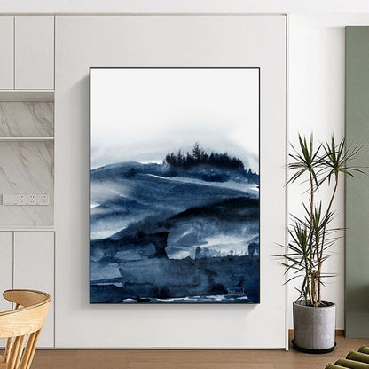 “Blue Watercolor Landscape” - Blue, White Abstract Landscape Painting On Canvas DTP230