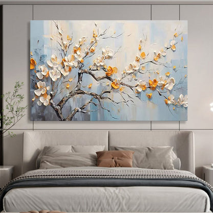 Blooming Tree with White and Orange Flowers - Impasto Floral Painting On Canvas DLZ202