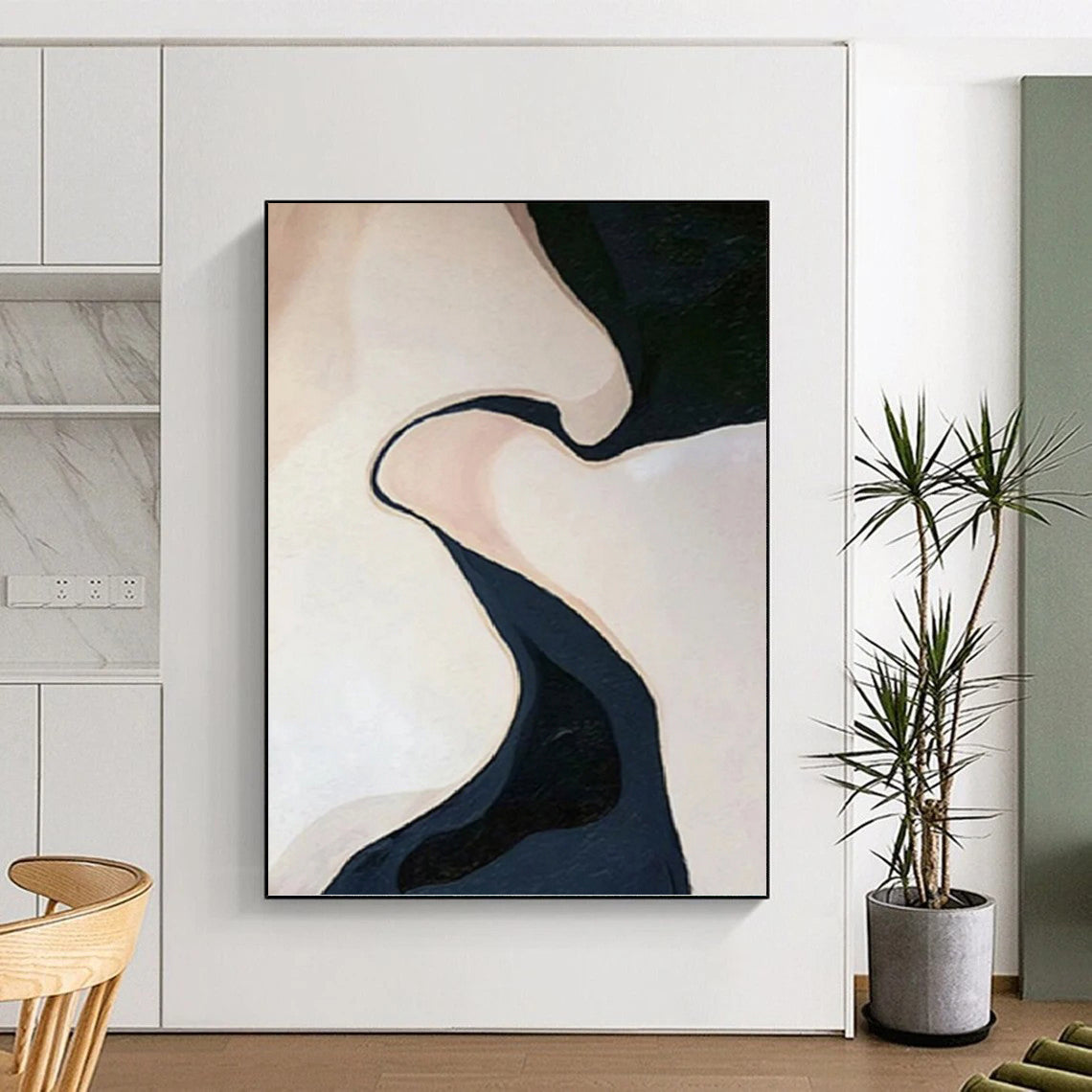 “Abstract Curved Forms in Beige and Dark Blue” - Organic - Inspired Painting On Canvas DKH1120