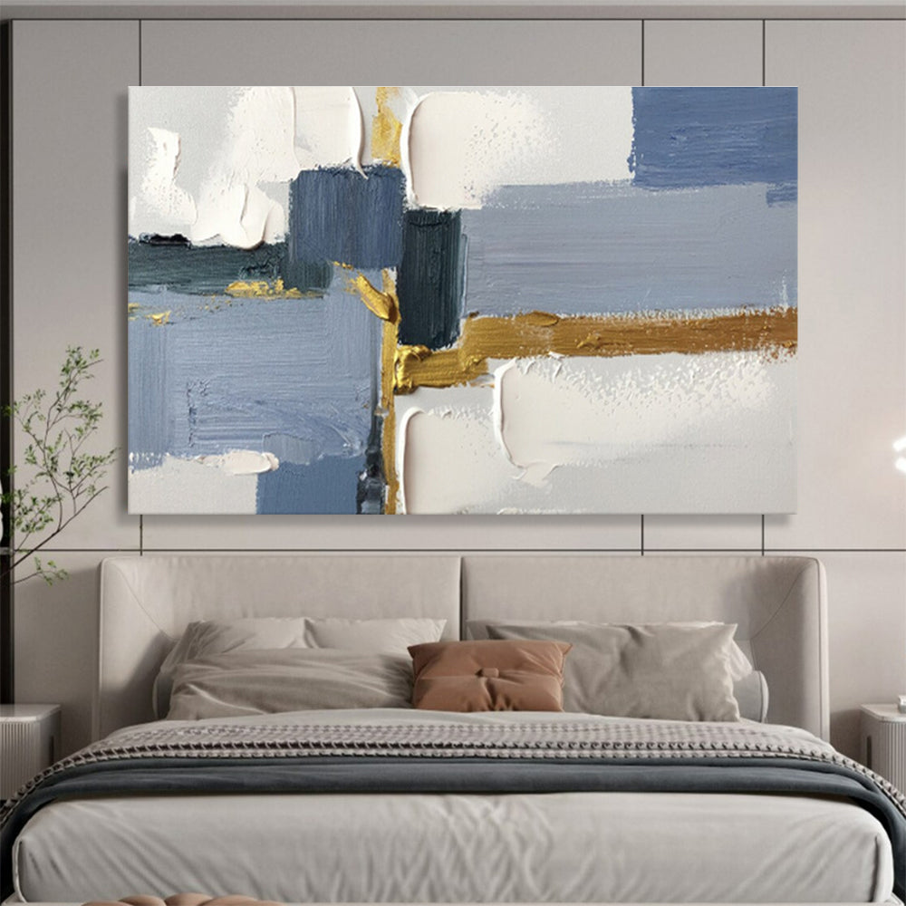 Geometric Blue and Gold Abstract Painting On Canvas DKH311