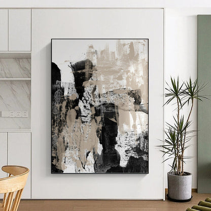 “Monochrome Abstract Strokes” - Black, White & Beige Textured Painting On Canvas DKH0966