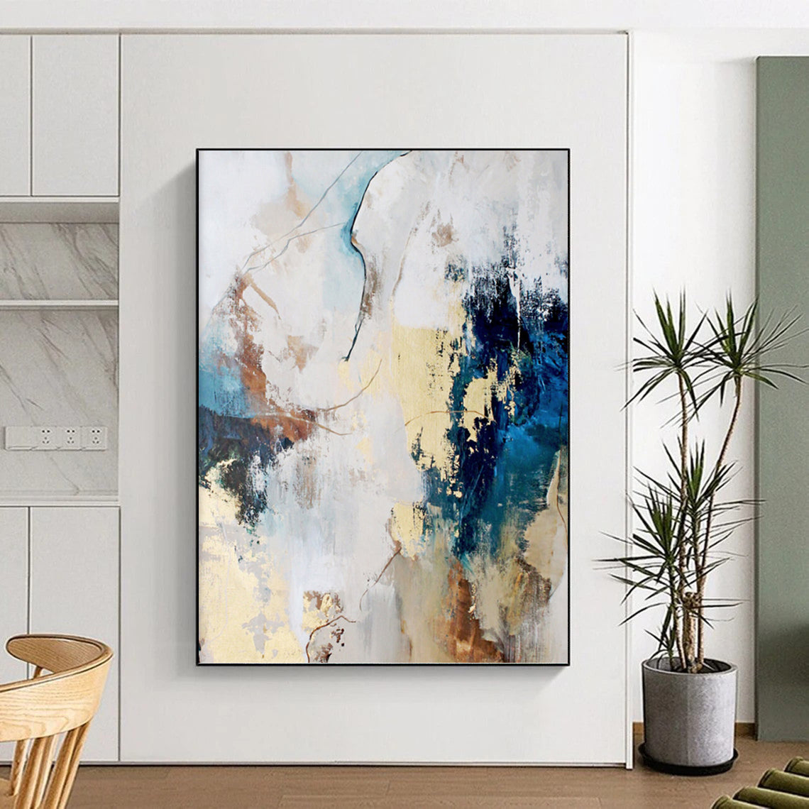 “Blue, Beige & Gold Abstract Blend” - Blue, Beige, Gold & White Eclectic Painting On Canvas DKH1018