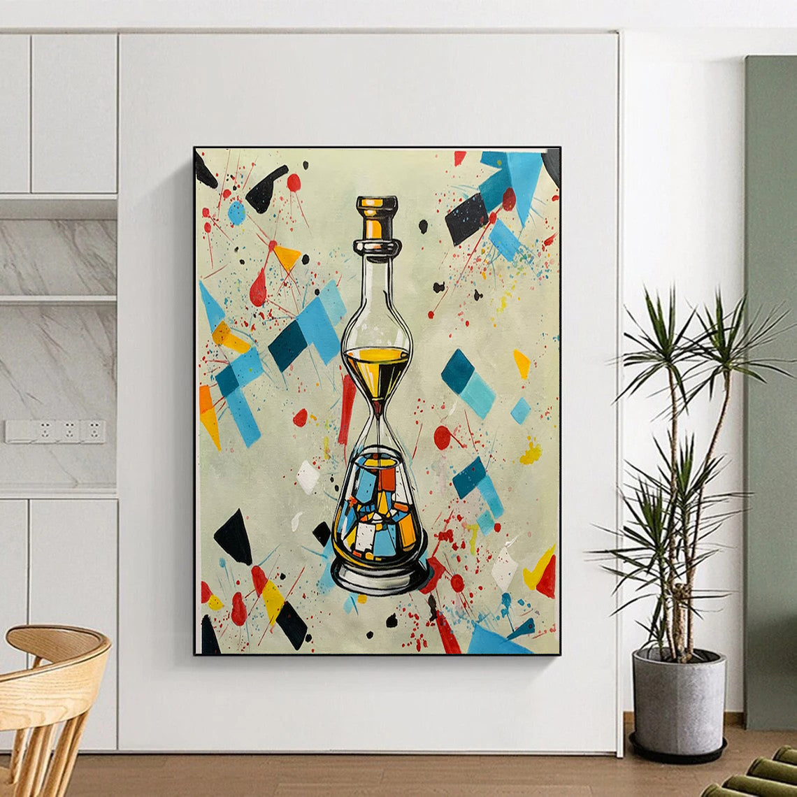 Colorful Geometric Splash with Bottle - Hourglass, “Time in a Kaleidoscope” - Pop - Abstract Mixed - Media Painting CT0718