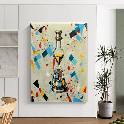 Colorful Geometric Splash with Bottle - Hourglass, “Time in a Kaleidoscope” - Pop - Abstract Mixed - Media Painting CT0718