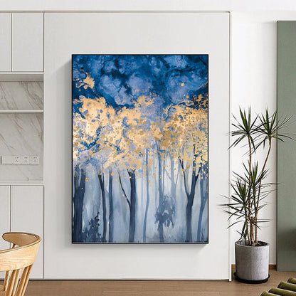 “Blue - Gold Forest Enchantment” - Blue, Gold & Gray Tree - Themed Painting On Canvas DKH0936