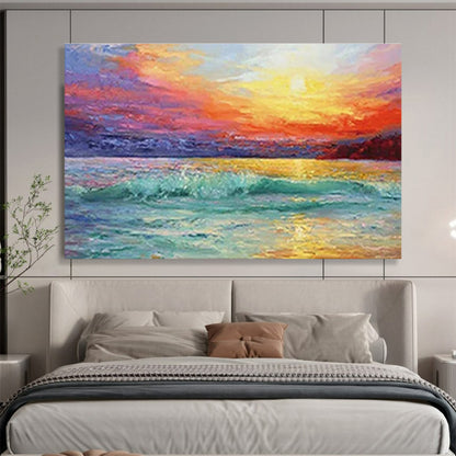 Vivid Sunset Seascape - Orange, Pink & Teal Ocean Painting On Canvas DKH892