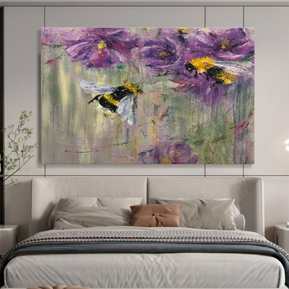 “Buzzy Floral Delight” - Purple, Yellow, Black Bee & Flower Impressionistic Painting On Canvas DKH718