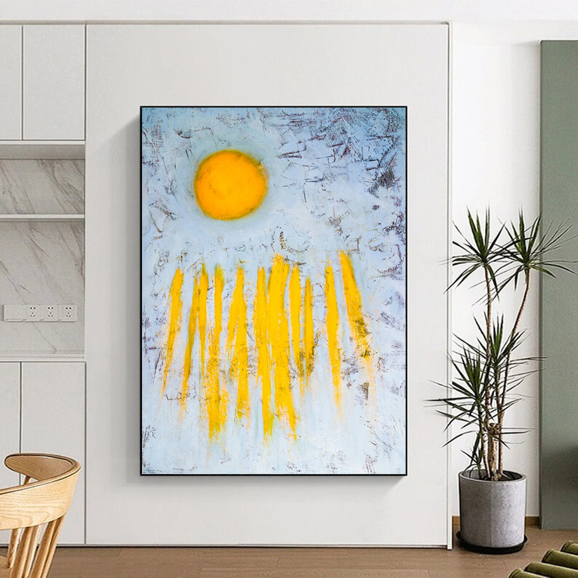“Yellow Sun & Strokes on Blue” - Abstract Landscape - Inspired Painting On Canvas DKH1089