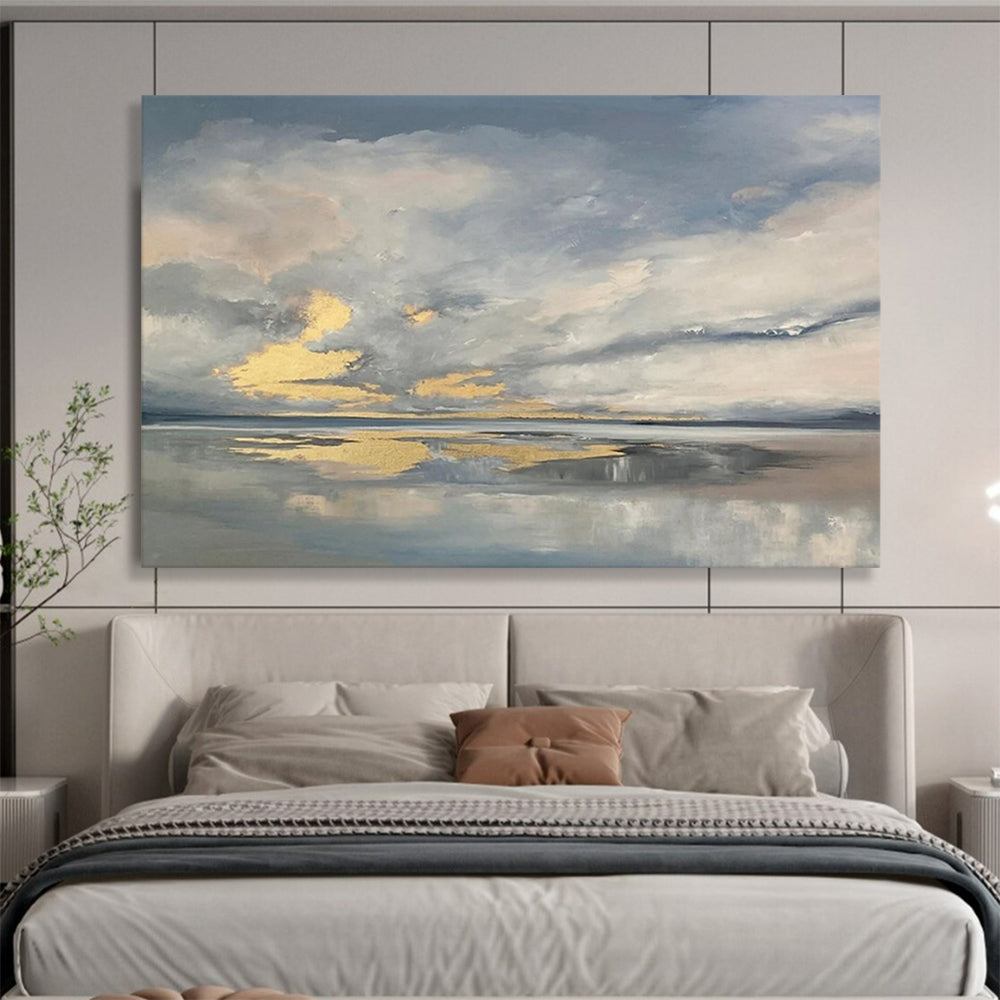 “Cloudy Sky Reflections” - Gray, Gold & Blue Atmospheric Landscape Painting On Canvas DLZ253