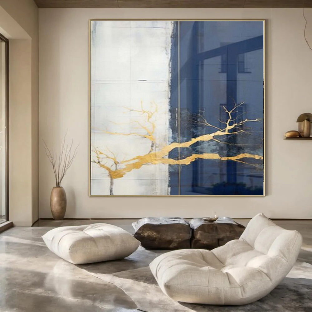 “Gold Branch on Neutral” – Mixed - Media Abstract Art CT1049