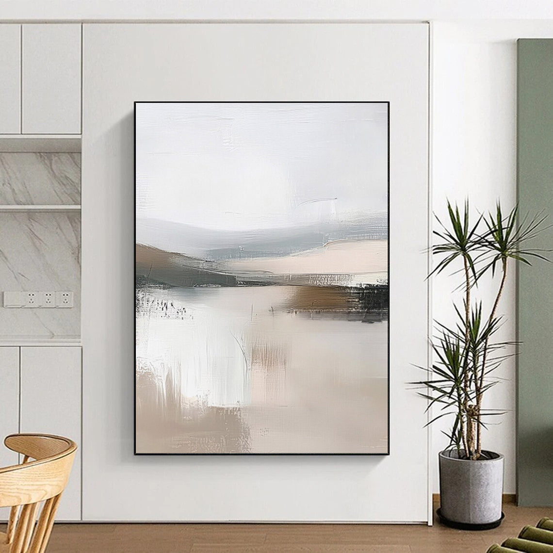 “Abstract Lake Reflections” – Modernist Landscape Oil Painting with Gray and Beige Textures CT2059