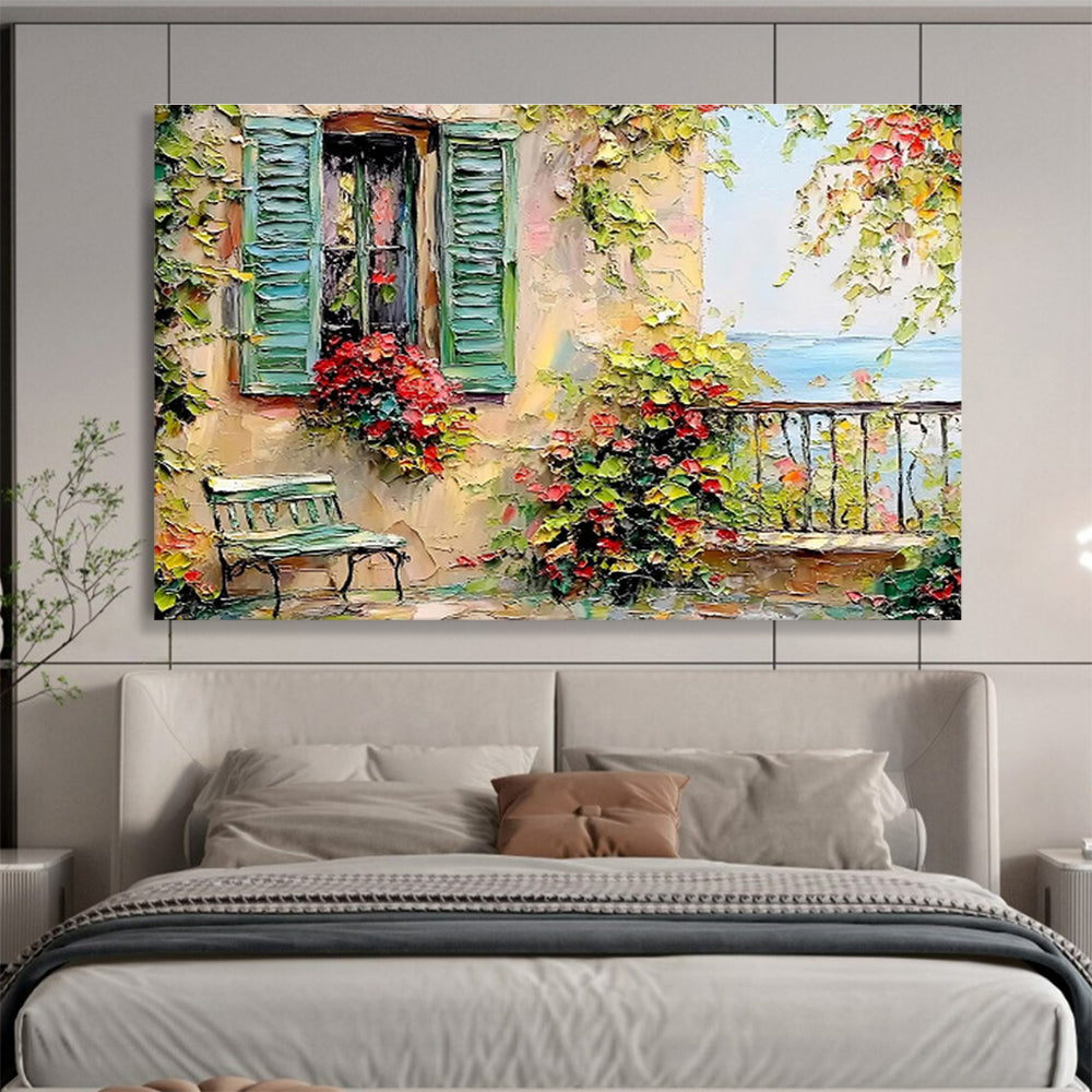 “Mediterranean Escape” - Green, Yellow, Red Floral & Architectural Oil Painting On Canvas DKH692