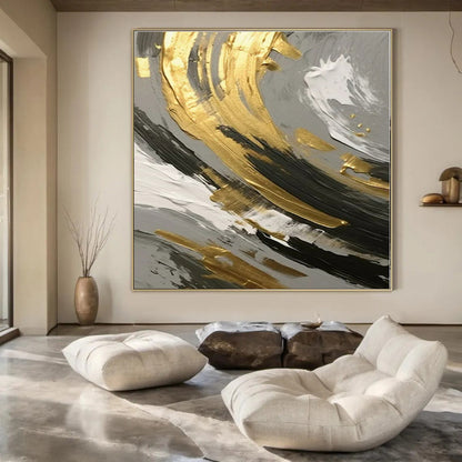 Gold, Black & White Swirl Detail - Abstract Impasto Oil CT1252