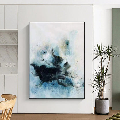 Black, Blue & White Ink - Like Flow - Abstract Painting On Canvas CT2305