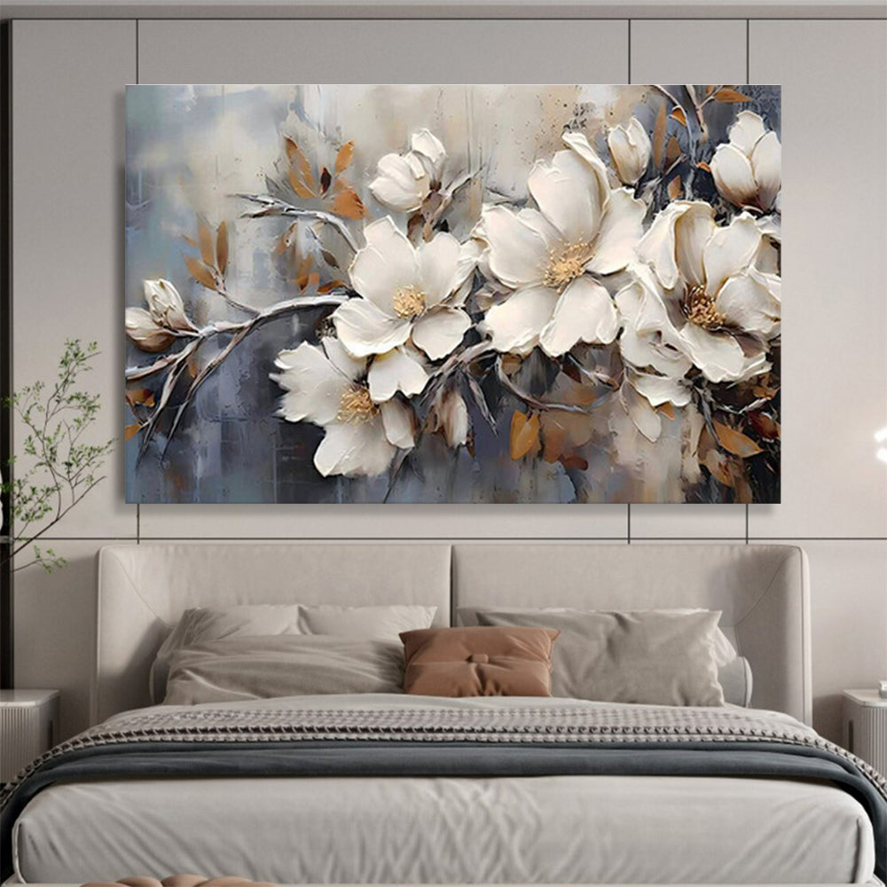 “Elegant Magnolias” - White, Gray, Gold Textured Floral Impasto Painting On Canvas DKH707