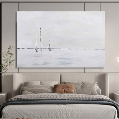 “Minimalist Sailboats in White” - White & Gray Maritime Minimalist Painting On Canvas DLZ261