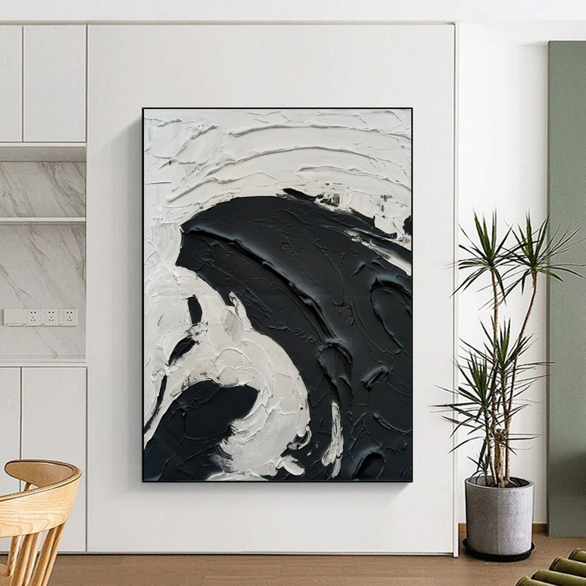 “White, Black Textured Swirl ‘Dramatic Serenity’” - Impasto Abstract Painting On Canvas DTP389