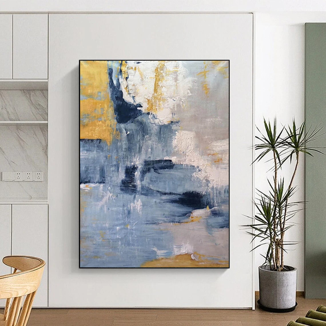 “Blue - Gold Abstract Cascade” - Blue, Gold, Gray Abstract Painting On Canvas DTP253