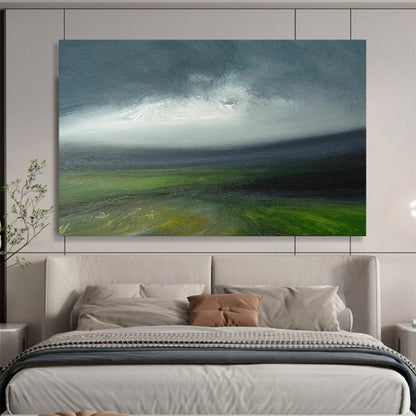 “Green, Gray, Stormy Field ‘Tempestuous Land’” - Impressionist Landscape Painting On Canvas DLZ029