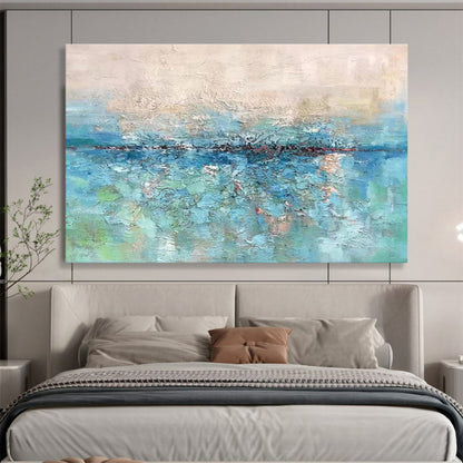 “Blue & Green Textured Waterscape” Impasto Landscape Painting On Canvas DKH355