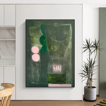Green, Grey, Pink Accents - "Mystic Stillness" - Abstract Surrealist Painting CT1846