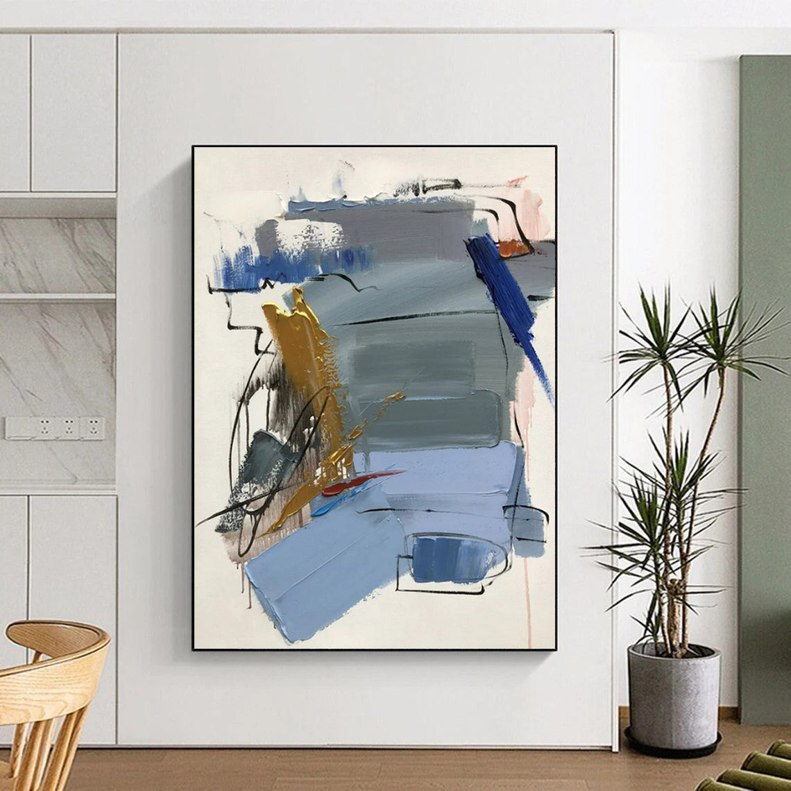 “Blue - Gray - Gold Abstract Fusion” ，Abstract Acrylic Painting CT0804